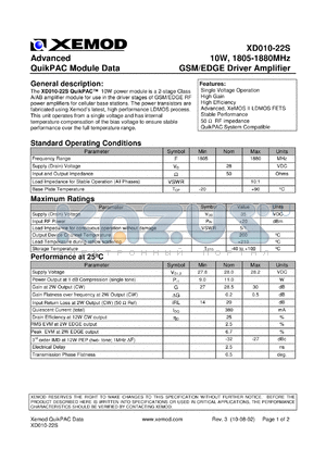 XD010-22S datasheet - QuikPAC module data. 10W, 1805-1880 MHz. GSM/EDGE driver amplifier.