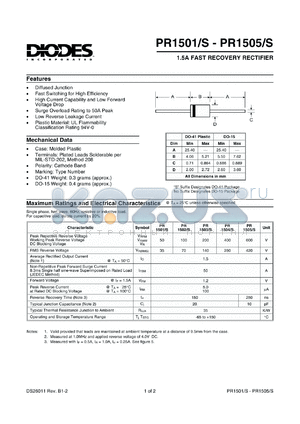 PR15001 datasheet - 50V; 1.5A fast recovery rectifier; fast switching for high efficiency