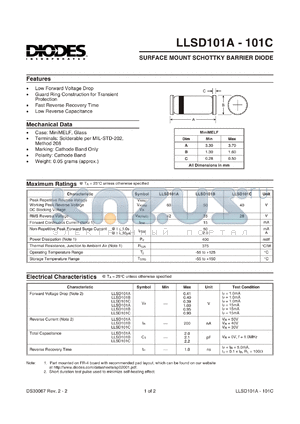 LLSD101A-13 datasheet - 60V; 15mA surface mount schottky barrier diode. Guard ring construction for transient protection