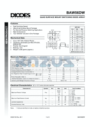 BAV56DW datasheet - 100V; 3005mA quad surface mount swithcing diode array. For general purpose switching applications