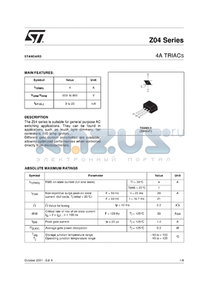 Z0405MF0AA2 datasheet - Triacs, 4A, 600V, sensitivity 5mA