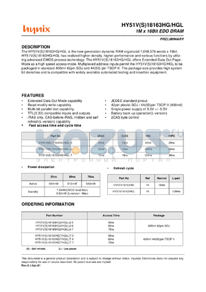 HY51VS18163HGJ-6 datasheet - Dynamic RAM organized 1,048,576 words x 16bit, self refresh, 60ns