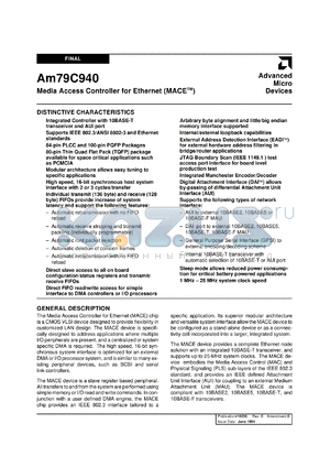 AM79C940JC datasheet - Media access controller for Ethernet (MACETM)