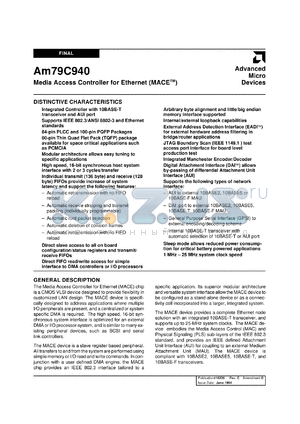 AM79C940KC datasheet - Media access controller for Ethernet (MACETM)