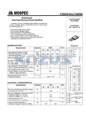 F30D50A datasheet - Switchmode dual fast recovery power rectifier, 30Ampere, 500V