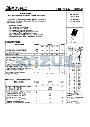 URF2020D datasheet - Full plastic dual ultrafast power rectifier, 200 V, 20 Amperes