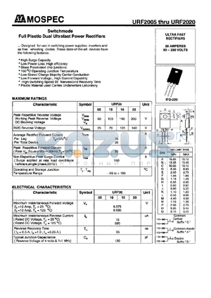 URF2005A datasheet - Full plastic dual ultrafast power rectifier, 50 V, 20 Amperes