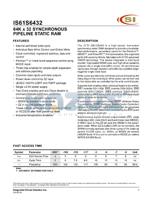IS61S6432-100TQI datasheet - 100MHz; 3.3V; 64K x 32 synchronous pipelined static RAM