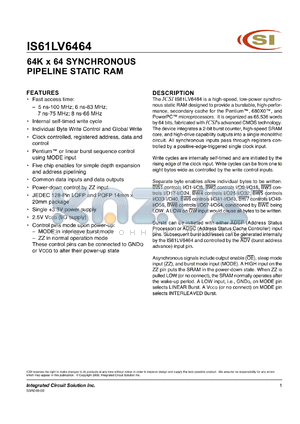 IS61LV6464-7PQ datasheet - 75ns; 7ns; 3.3V; 64K x 64 synchoronous pipelined static RAM