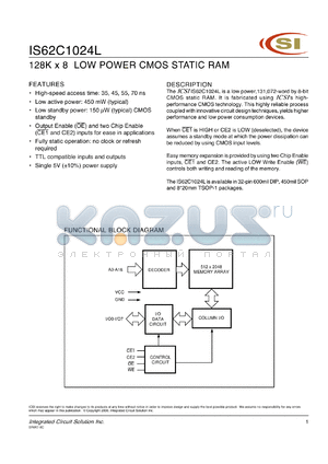 IS62C1024L-35WI datasheet - 35ns; 5V; 128K x 8 low-power CMOS static RAM