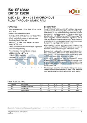 IS61SF12832-12BI datasheet - 12ns; 3.3V; 128K x 32, 128 x 36 synchronous flow-through static RAM