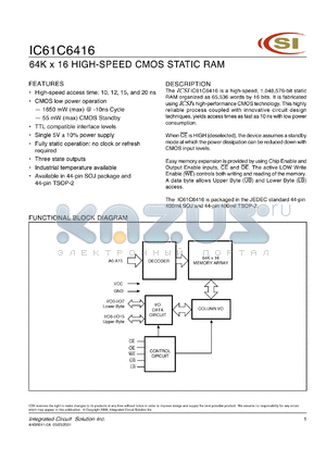 IC61C6416-10TI datasheet - 10ns; 5V; 64K x 16 high-speed CMOS static RAM