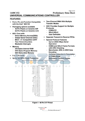 IA80C152JC-PDW68C datasheet - 16.5MHz; 391.1mW universal communications controller