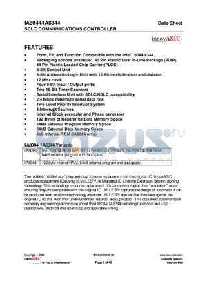 IA8344-PLC40I-01 datasheet - 0.3-6VDC; 2W; 8-bit control unit; SDLC communications controller