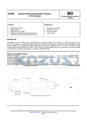 61053-101 datasheet - 0.7-2mA 50V silicon phototransistor PIGTAIL: type GS3020