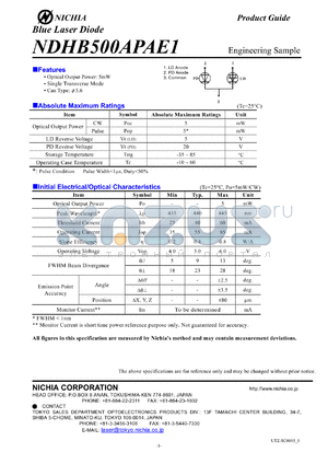 NDHB500APAE1 datasheet - 5mW; 5V; 55mA blue laser diode