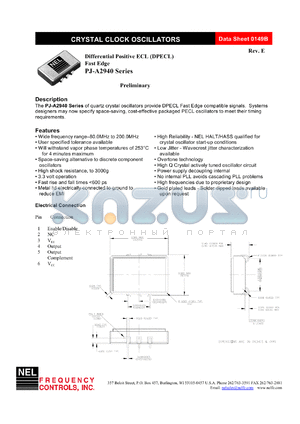 PJ294B datasheet - 5 V, +/-50 ppm, differential positive ECL fast edge  crystal clock oscillator