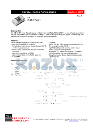 HSA2841 datasheet - 3.3 V, +/-50 ppm, ECL crystal clock oscillator