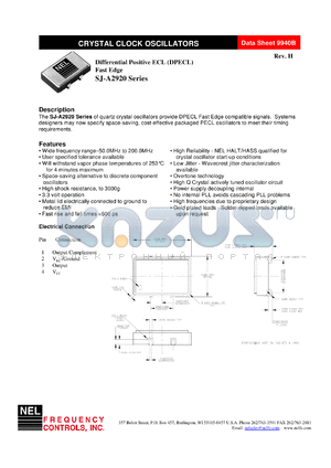 SJA2920 datasheet - 3.3 V, +/-100 ppm, differential positive ECL crystal clock oscillator