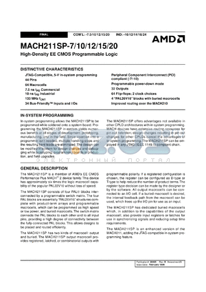 MACH211SP-24JI datasheet - High-density EE CMOS programmable logic, 64 macrocells, 32 outputs, 64 flip-flops, 24ns