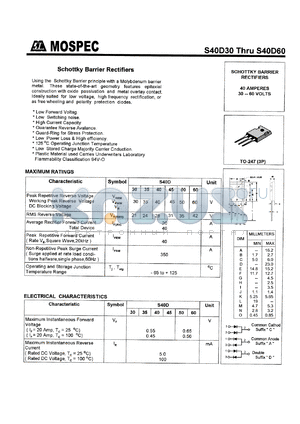 S40D45A datasheet - Schottky barrier rectifier, 45V, 40 Amperes