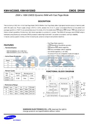 KM416V256DLJ-7 datasheet - 256K x 16Bit CMOS dynamic RAM with fast page mode, 70ns, 3.3V, self-refresh capability