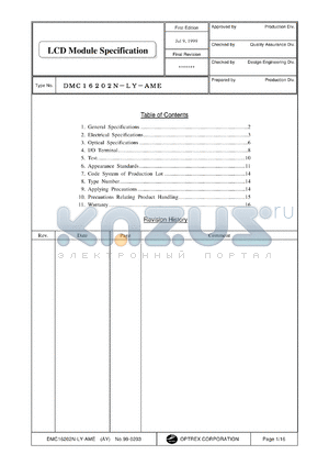 DMC16202N-LY-AME datasheet - 16characters x 2lines; 5x8dots (1character) 0.3-7.0V 2.0mA LCD module