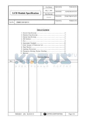 DMC20261 datasheet - 20characters x 2lines; 5x8dots (1character); 0.3-7.0V 2.0mA LCD module