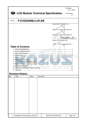 F-51553GNBJ-LW-AB datasheet - 240 x 320dots; dot size: 0.23 x 0.225mm; 0.3-7.0V; 0.1mA LCD module for trial