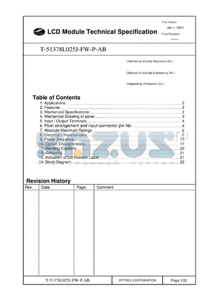 T-51378L025J-FW-P-AB datasheet - 480 x 234dots; dot pitch: 0.105 x 0.161mm; 0.3-7.0V; 12.5mA LCD module