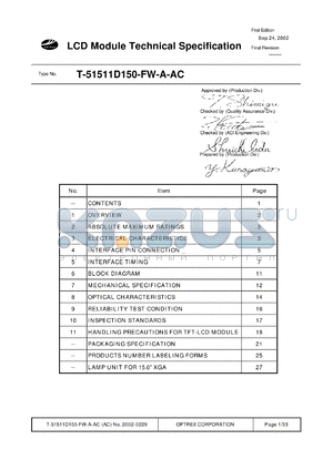 T-51511D150-FW-A-AC datasheet - 1024 x 768dots; dot pitch:0.297 x 0.297mm;0.0-7.0V; LCD module