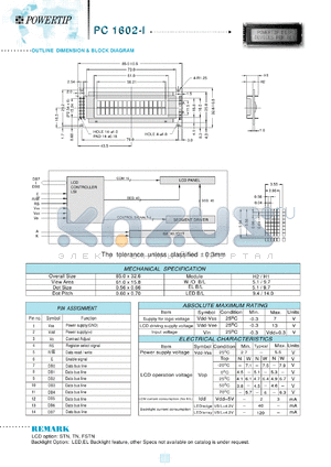 PC1602-I datasheet - 2 lines;  16 characters; Dot size:0.56 x 0.66mm; dot pitch:0.60 x 0.70mm; LCD monitor