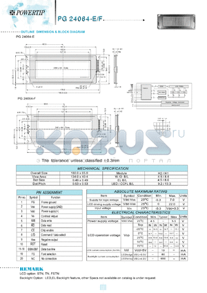 PG24064-E/F datasheet - 240x64dots; Dot size:0.49 x 0.49mm; dot pitch:0.53 x 0.53mm; LCD monitor