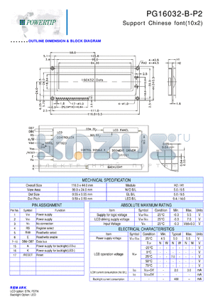 PG16032-B-P2 datasheet - 160x32dots; Dot size:0.55 x 0.55mm; dot pitch:0.59 x 0.59mm; LCD monitor