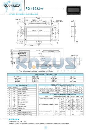 PG16032-A datasheet - 160x32dots; Dot size:0.40 x 0.56mm; dot pitch:0.44 x 0.61mm; LCD monitor