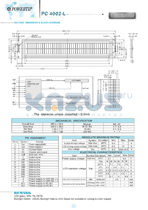 PC4002-L datasheet - 2 lines; 40 characters; dot size:1.00 x 1.77; dot pitch:1.05 x 1.82; LCD monitor