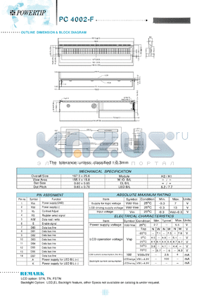 PC4002-F datasheet - 2 lines; 40 characters; dot size:0.60 x 0.65; dot pitch:0.65 x 0.70; LCD monitor