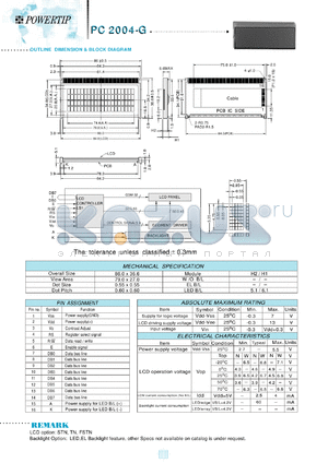 PC2004-G datasheet - 4 lines; 20 characters; dot size:0.55 x 0.55; dot pitch:0.60 x 0.60; LCD monitor