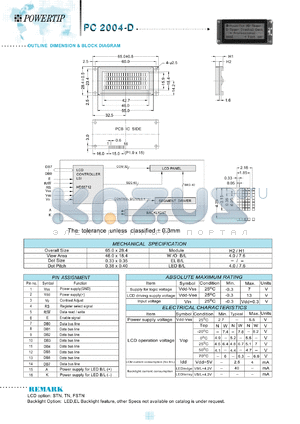 PC2004-D datasheet - 4 lines; 20 characters; dot size:0.33 x 0.35; dot pitch:0.38 x 0.40; LCD monitor