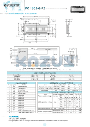 PC1602-G-P2 datasheet - 2 lines; 16 characters; dot size:0.55 x 0.50; dot pitch:0.60 x 0.55;  LCD monitor