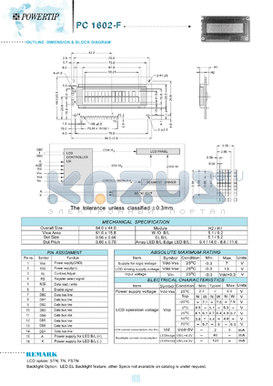PC1602-F datasheet - 2 lines; 16 characters; dot size:0.56 x 0.66; dot pitch:0.60 x 0.70;  LCD monitor