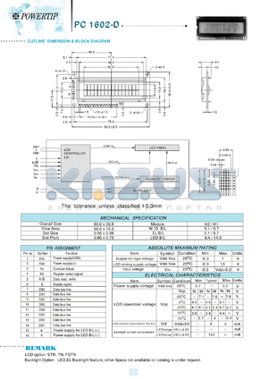 PC1602-D datasheet - 2 lines; 16 characters; dot size:0.56 x 0.66; dot pitch:0.60 x 0.70;  LCD monitor