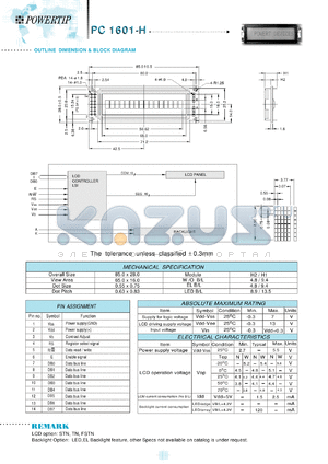 PC1601-H datasheet - 1 lines; 16 characters; dot size:0.55 x 0.75; dot pitch:0.63 x 0.83;  LCD monitor