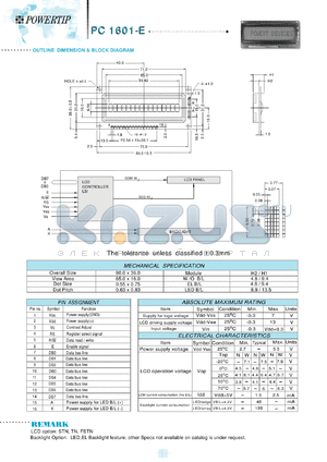 PC1601-E datasheet - 1 lines; 16 characters; dot size:0.55 x 0.75; dot pitch:0.63 x 0.83;  LCD monitor