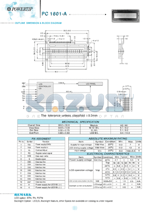 PC1601-A datasheet - 1 lines; 16 characters; dot size:0.55 x 0.75; dot pitch:0.63 x 0.83;  LCD monitor