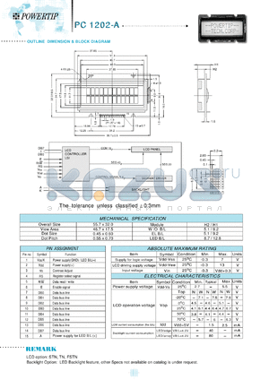 PC1202-A datasheet - 2 lines; 12 characters; dot size:0.45 x 0.60; dot pitch:0.55 x 0.70;  LCD monitor