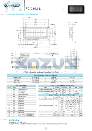 PC0802-L datasheet - 2 lines; 8 characters; dot size:1.15 x 1.36; dot pitch:1.23 x 1.44;  LCD monitor