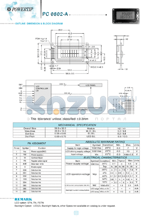 PC0802-A datasheet - 2 lines;  dot size: 0.56 x 0.66; dot pitch: 0.60 x 0.70;  LCD monitor