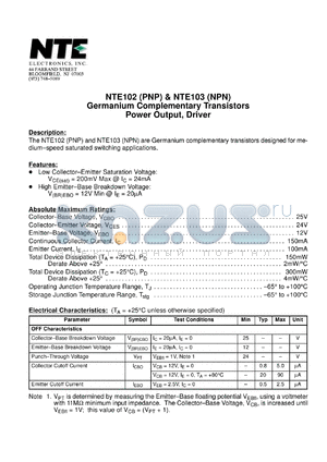 NTE103 datasheet - Germanium complementary transistor NPN power output, driver.