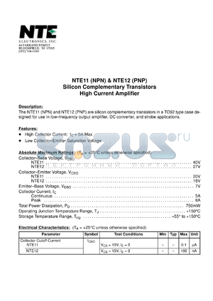 NTE12 datasheet - Silicon complementary transistor PNP. High current amplifier.